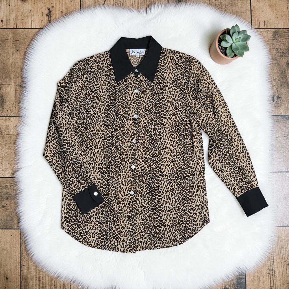 Vintage KUNTO Leopard Print Long Sleeve Button Up Shirt 100% Silk M